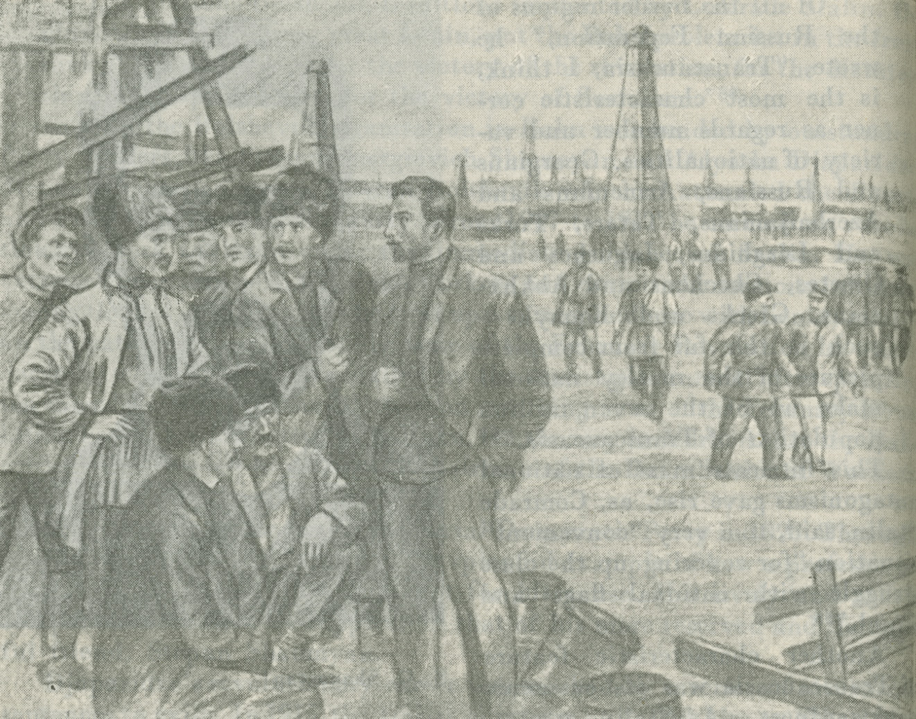Illustration of A. Djaparidze speaking with oilfield workers