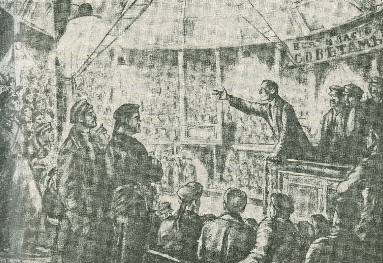 Excerpt from a drawing of V. Volodarsky speaking to a crowd