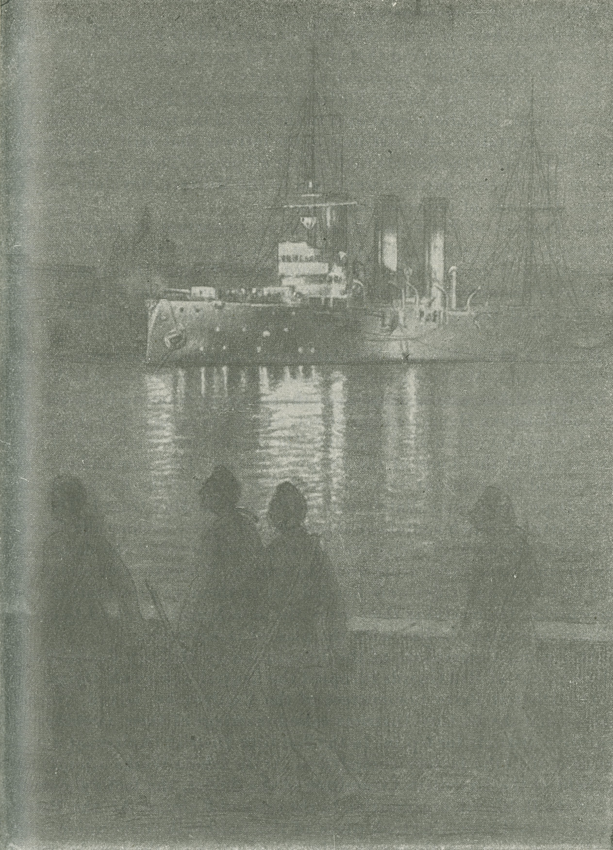 Excerpt from an engraving, showing the Aurora lit up on the water and silhouettes of several people on the land in the foreground
