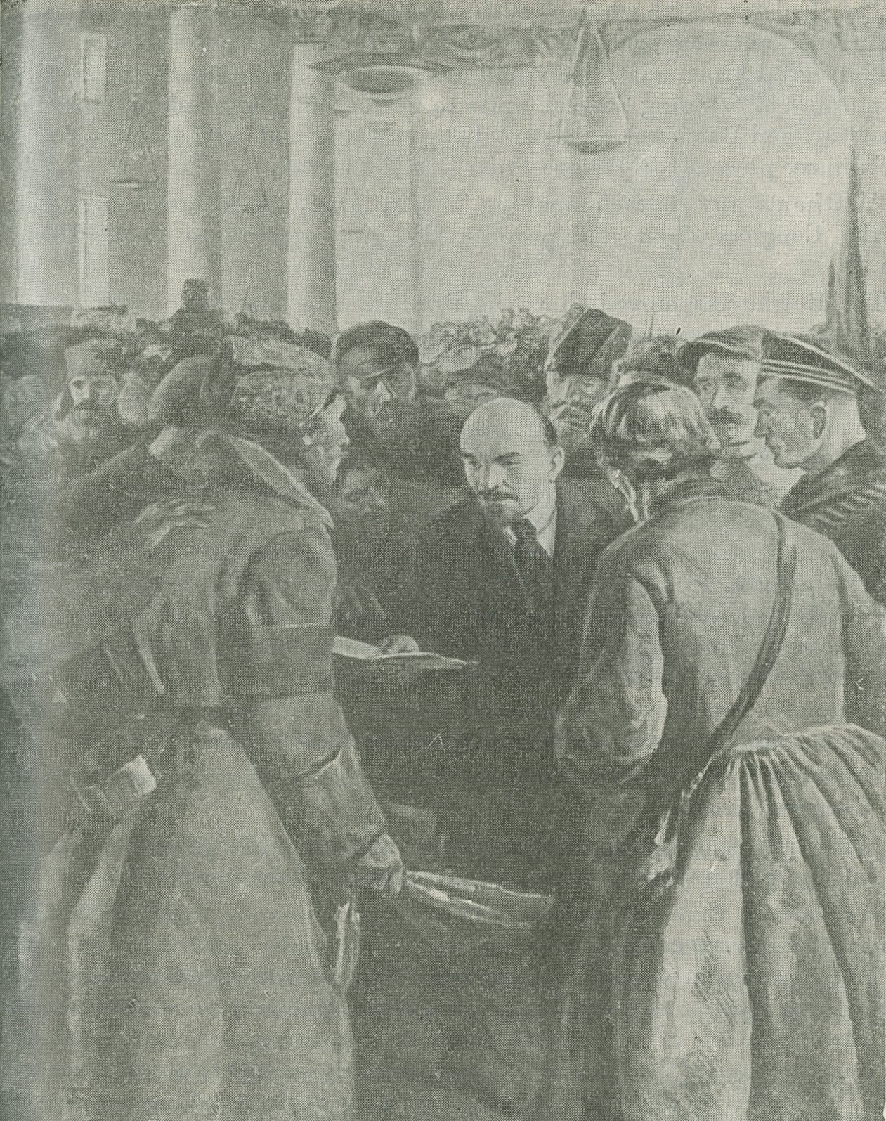 Excerpt from a painting depicting Lenin among delegate soldiers, sailors, workers and peasants at the Second All-Russian Congress of Soviets